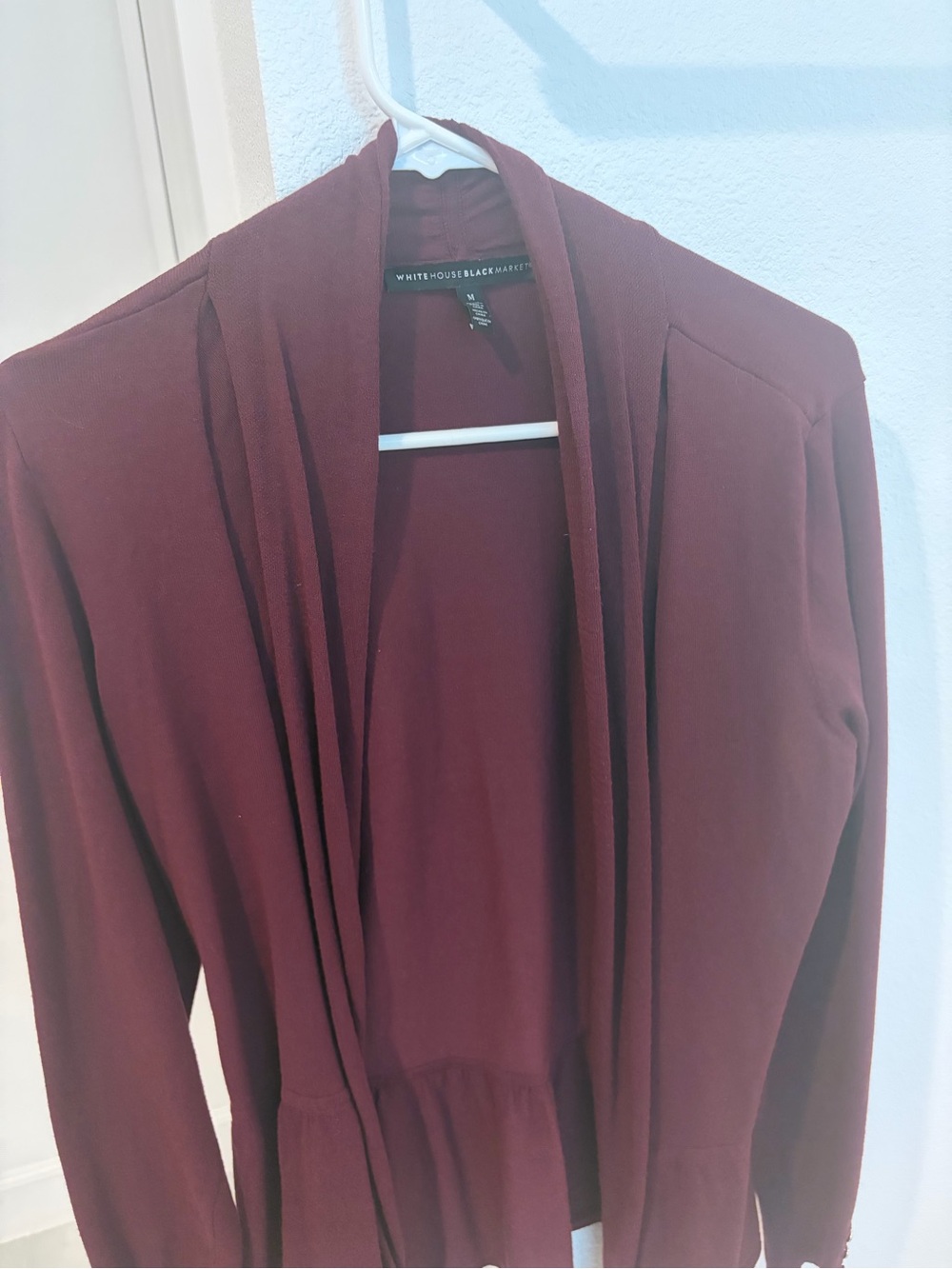 White House Black Market burgundy cardigan with peplum
